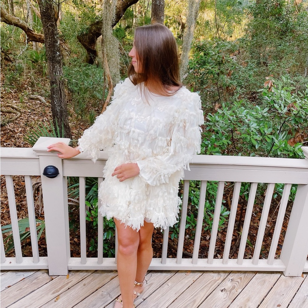 Sister Jane Ivory Textured Feathered Mini Dress